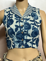 Indigo Dyed Hand Block Printed Collared Blouse