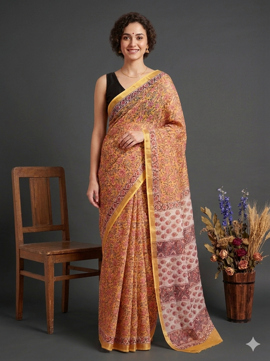 Sanganeri Hand Block Printed Kota Doriya Saree
