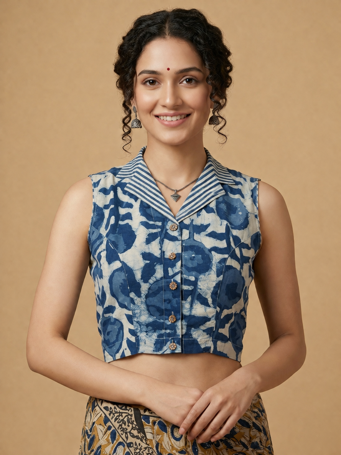 Indigo Dyed Hand Block Printed Collared Blouse