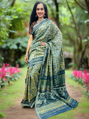 Chanderi Silk Saree in Dabo & Ajrakh Print