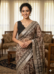 AJRAKH DABO Printed Cotton Linen Saree