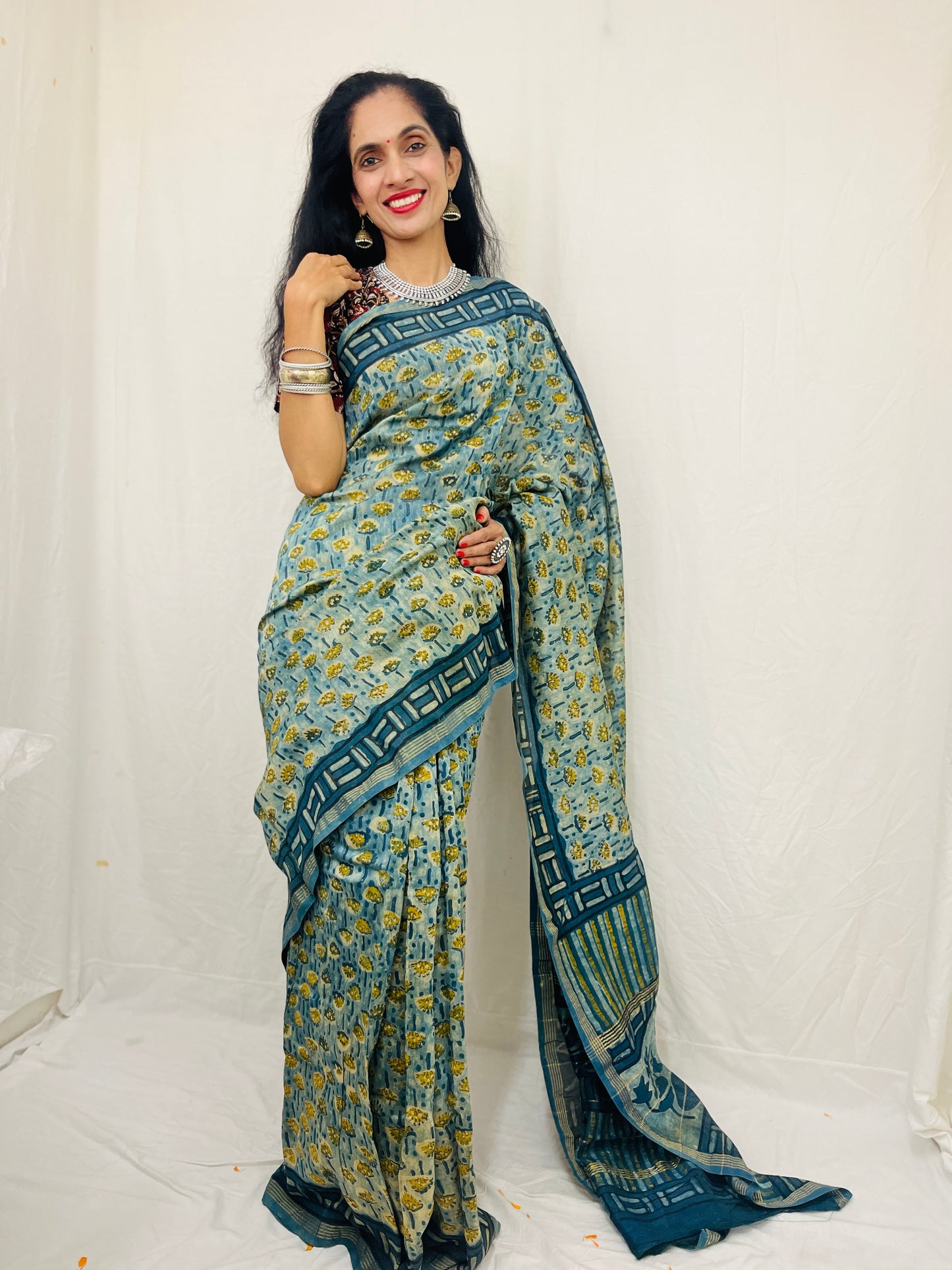 Chanderi Silk Saree in Dabo & Ajrakh Print