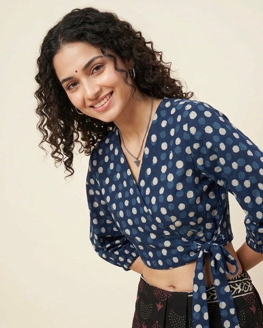 Polka Dots Indigo Wrap Blouse