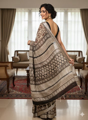AJRAKH DABO Printed Cotton Linen Saree