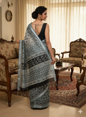 AJRAKH DABO Printed Cotton Linen Saree