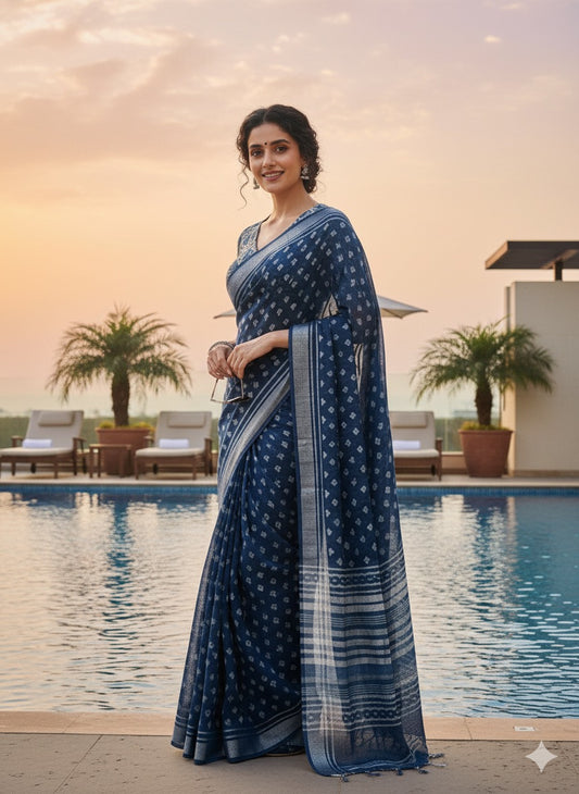 INDIGO Printed Cotton Linen Saree