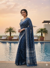 INDIGO Printed Cotton Linen Saree