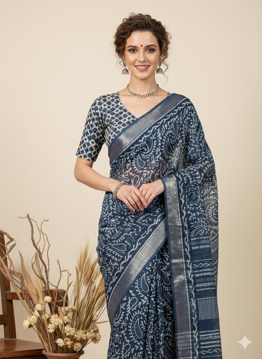INDIGO Printed Cotton Linen Saree