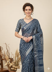 INDIGO Printed Cotton Linen Saree