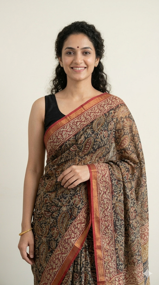 Kalamkari Hand Block Printed Kota Doriya Saree