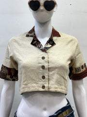 Pure Khadi Cotton Collared Blouse with Patchwork