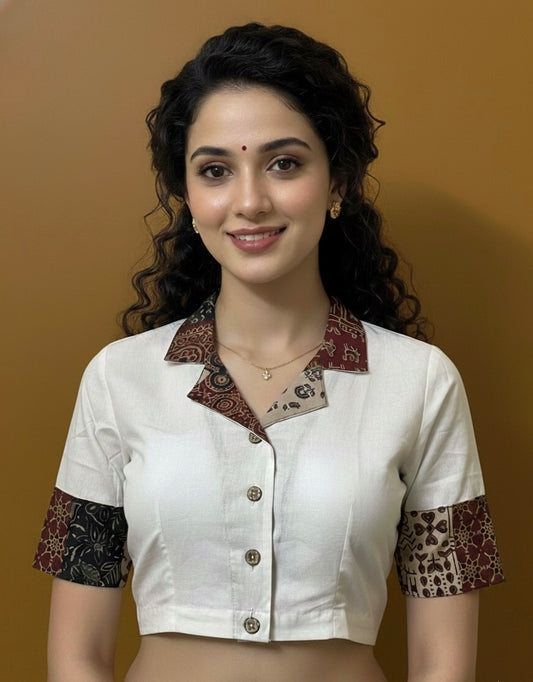 Cotton Flex Khadi Collared Blouse with Patchwork