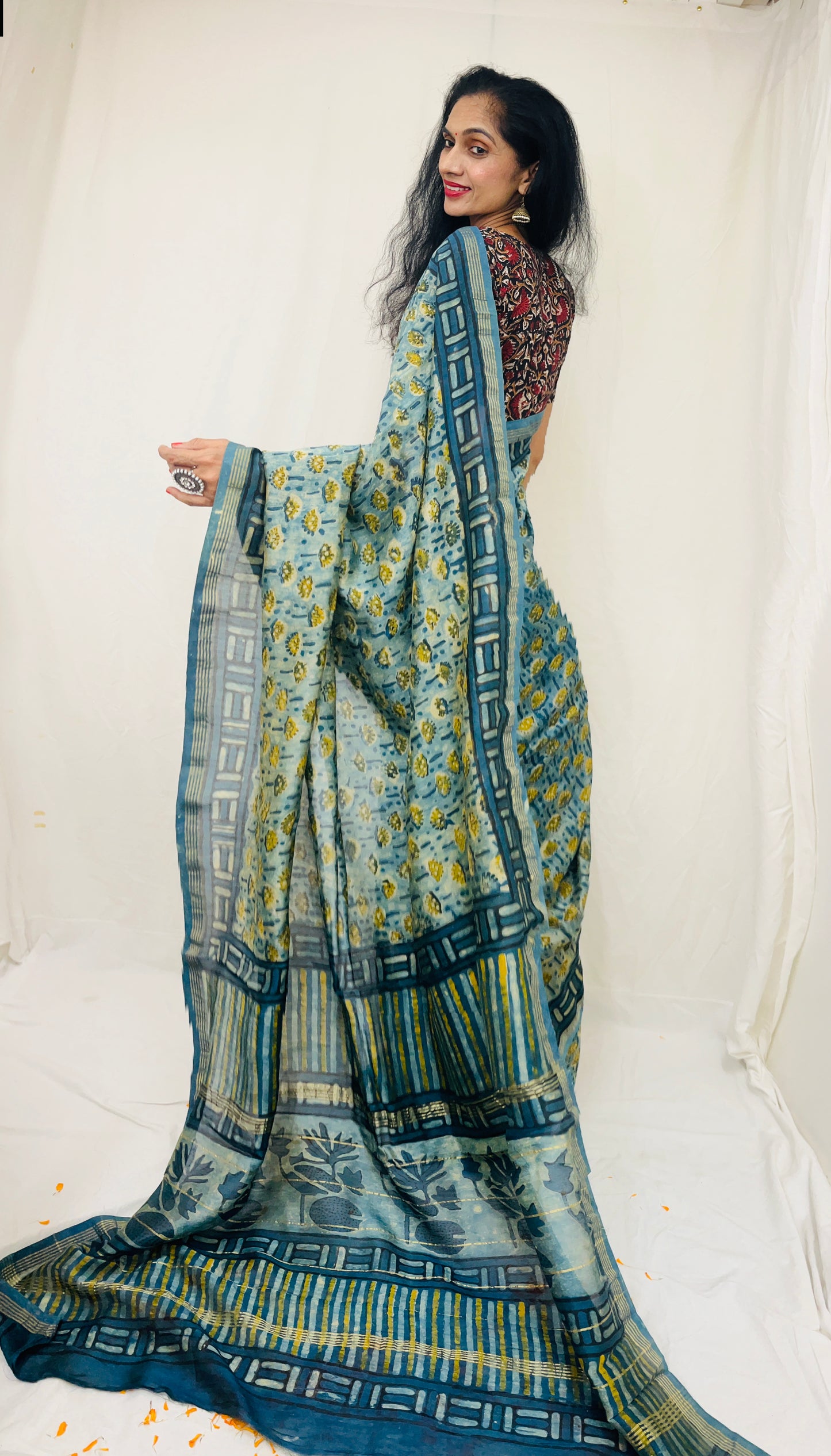 Chanderi Silk Saree in Dabo & Ajrakh Print