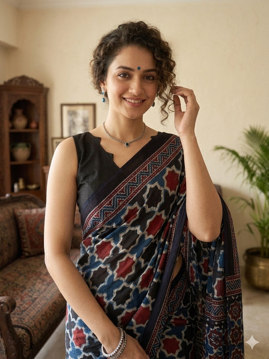 AJRAKH Printed Modal Silk Saree