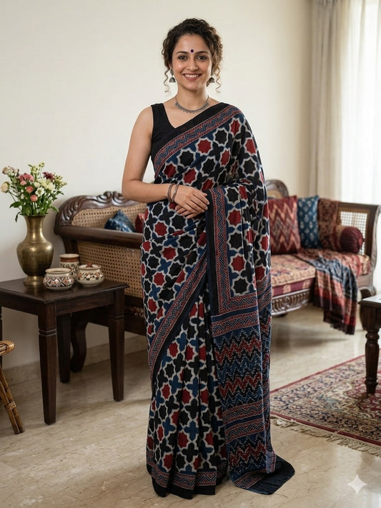 AJRAKH Printed Modal Silk Saree