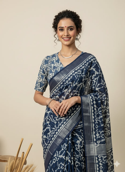 INDIGO Printed Cotton Linen Saree