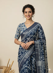 INDIGO Printed Cotton Linen Saree