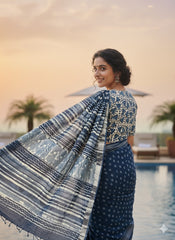 INDIGO Printed Cotton Linen Saree