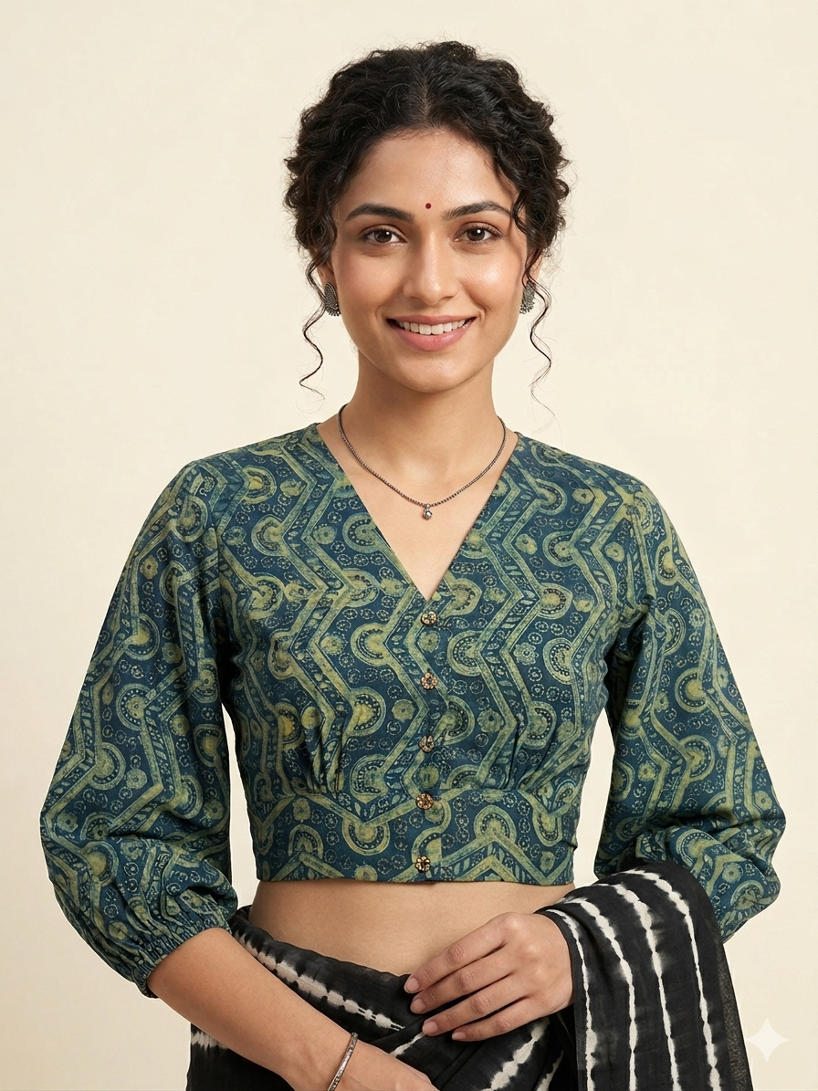 Indigo Dyed Hand Block Printed Collared Blouse