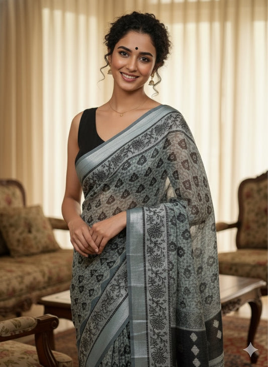 AJRAKH DABO Printed Cotton Linen Saree