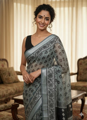 AJRAKH DABO Printed Cotton Linen Saree