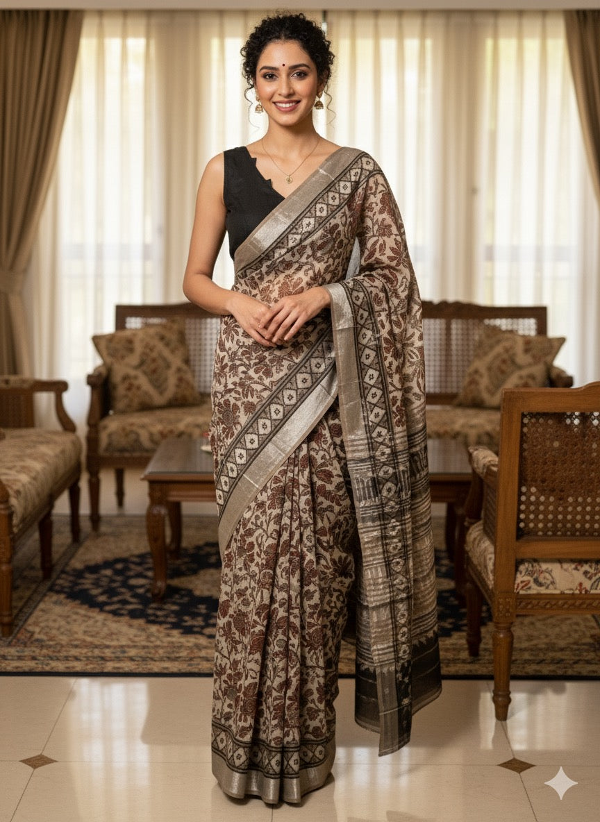 AJRAKH DABO Printed Cotton Linen Saree
