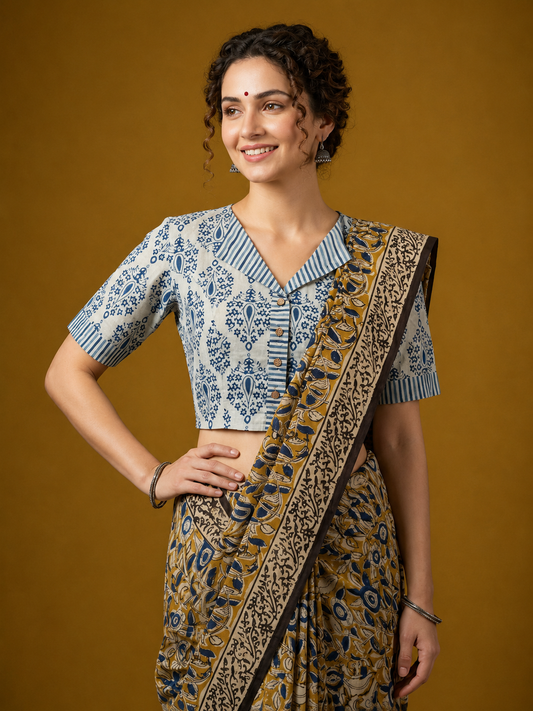 Indigo Dyed Hand Block Printed Collared Blouse