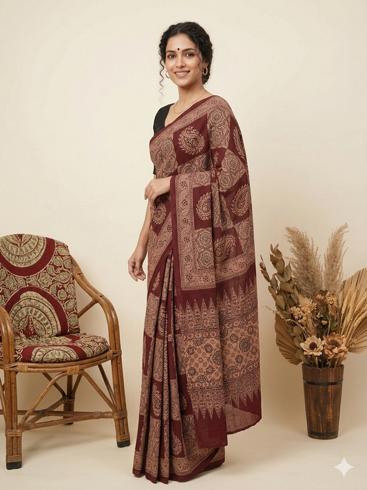 AJRAKH Printed Modal Silk Saree