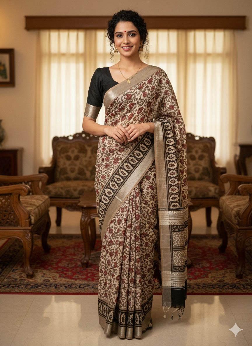 AJRAKH DABO Printed Cotton Linen Saree