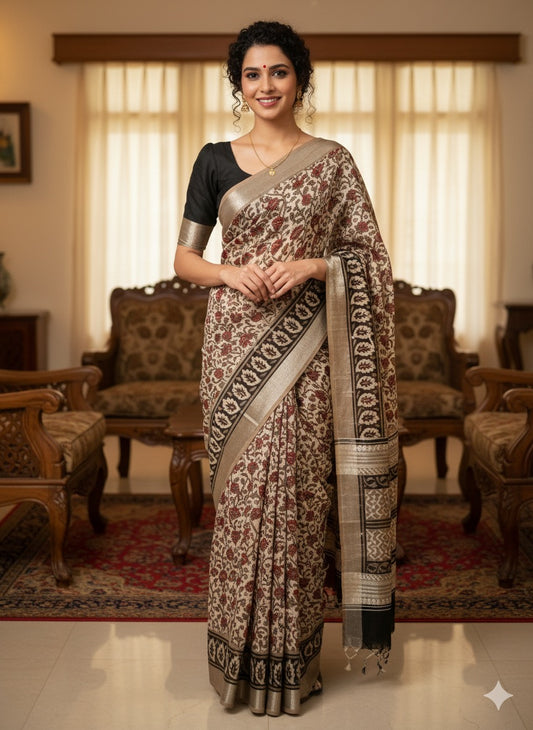 AJRAKH DABO Printed Cotton Linen Saree