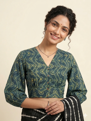 Indigo Dyed Hand Block Printed Collared Blouse