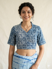 Indigo Dyed Hand Block Printed Collared Blouse