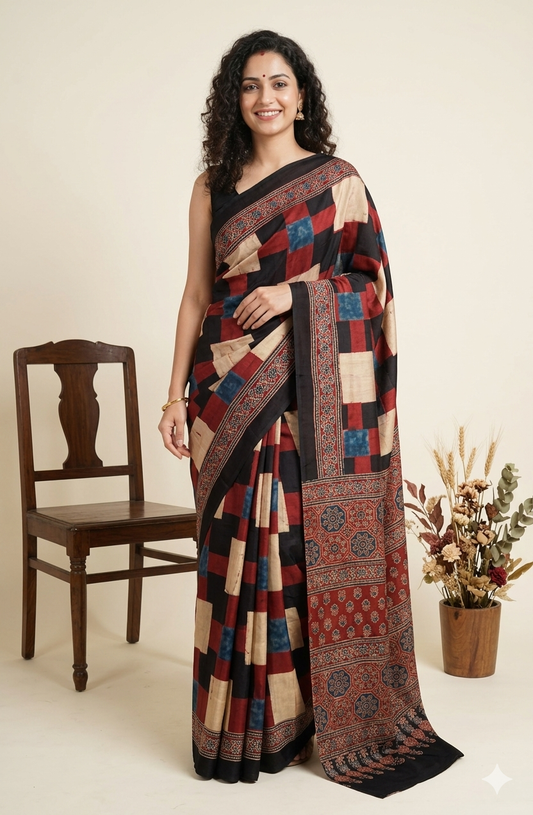 AJRAKH Printed Modal Silk Saree