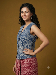 Indigo Hand Block Printed Jacket Blouse