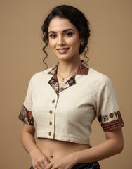 Pure Khadi Cotton Collared Blouse with Patchwork