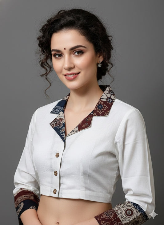 Cotton Flex Khadi Collared Blouse with Patchwork