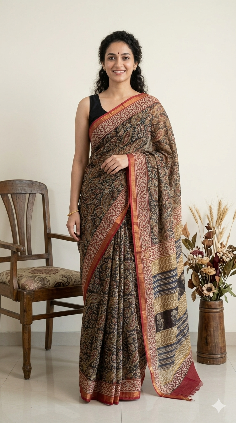 Kalamkari Hand Block Printed Kota Doriya Saree