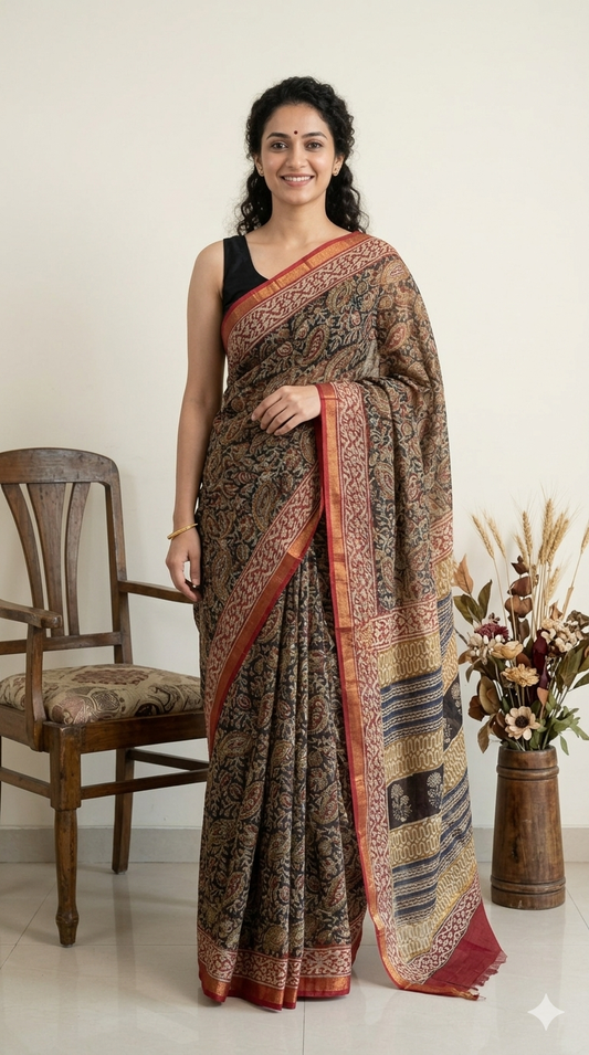 Kalamkari Hand Block Printed Kota Doriya Saree