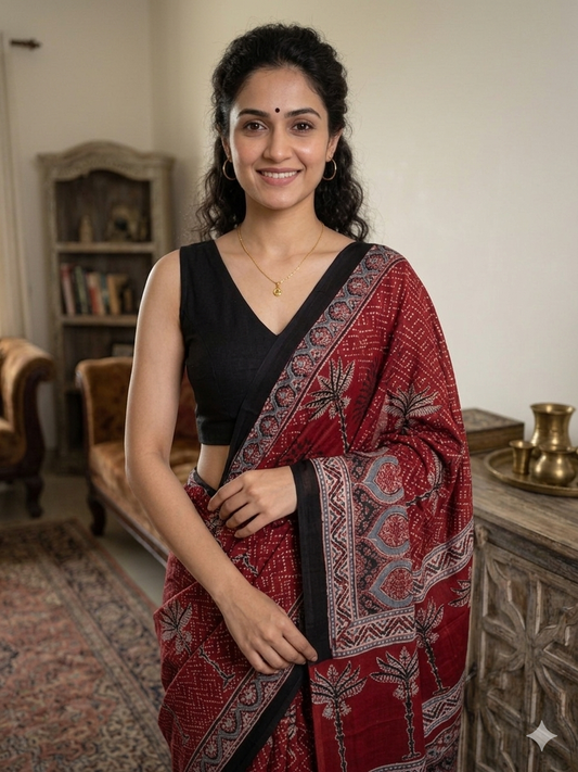 AJRAKH Printed Modal Silk Saree