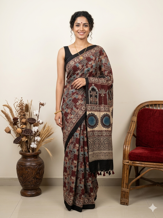 AJRAKH Printed Modal Silk Saree