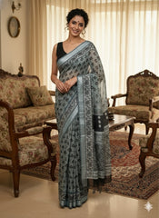 AJRAKH DABO Printed Cotton Linen Saree