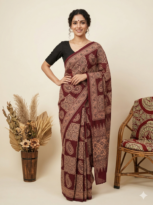 AJRAKH Printed Modal Silk Saree
