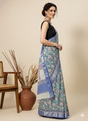 Hand Block Printed Cotton Linen Saree