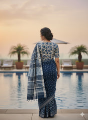 INDIGO Printed Cotton Linen Saree