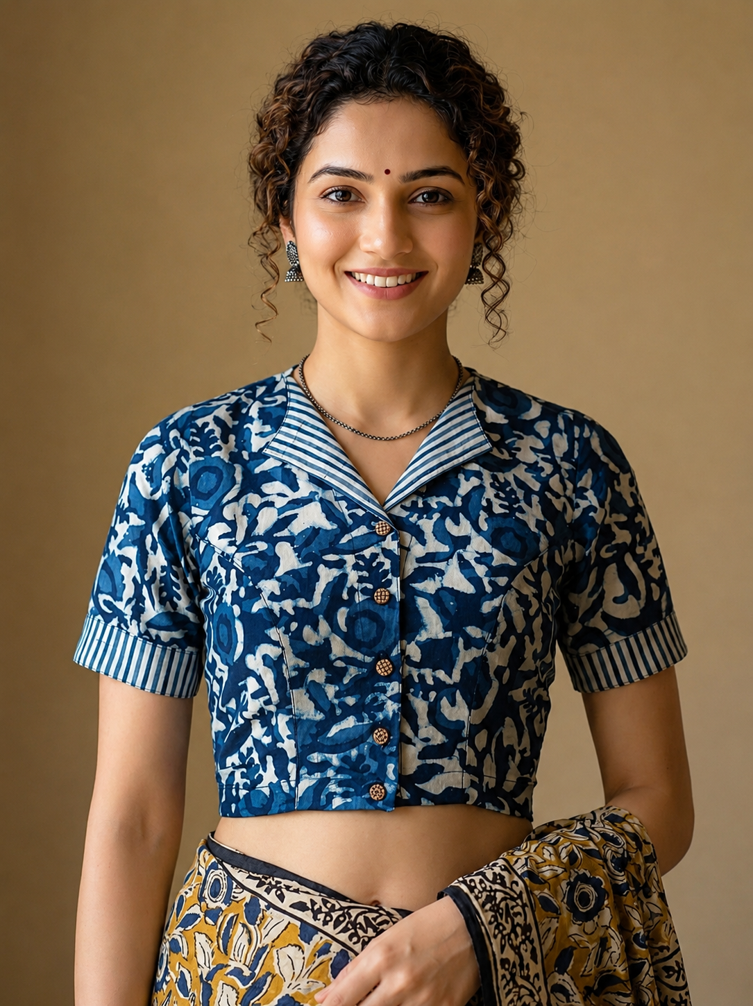 Indigo Dyed Hand Block Printed Collared Blouse