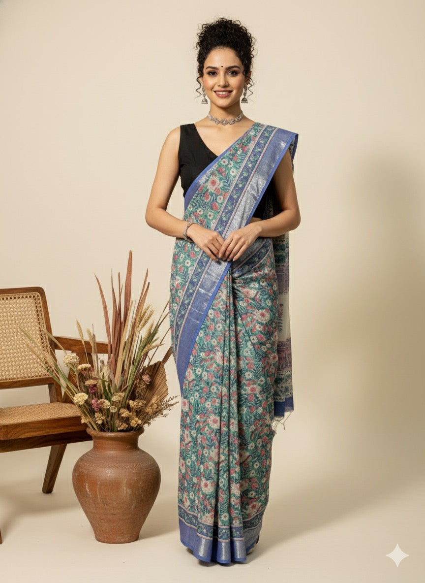 Hand Block Printed Cotton Linen Saree