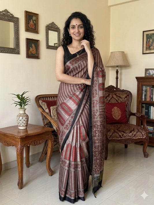 AJRAKH Printed Modal Silk Saree
