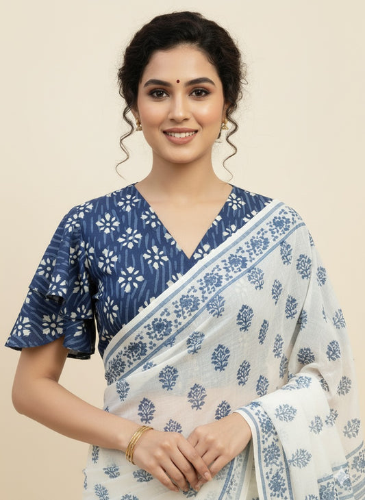 Indigo Dyed Ruffle Sleeves Blouse