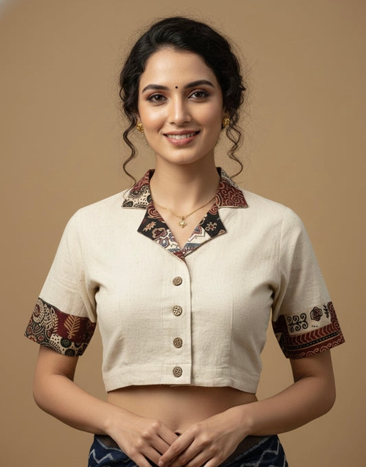 Pure Khadi Cotton Collared Blouse with Patchwork