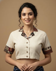 Pure Khadi Cotton Collared Blouse with Patchwork